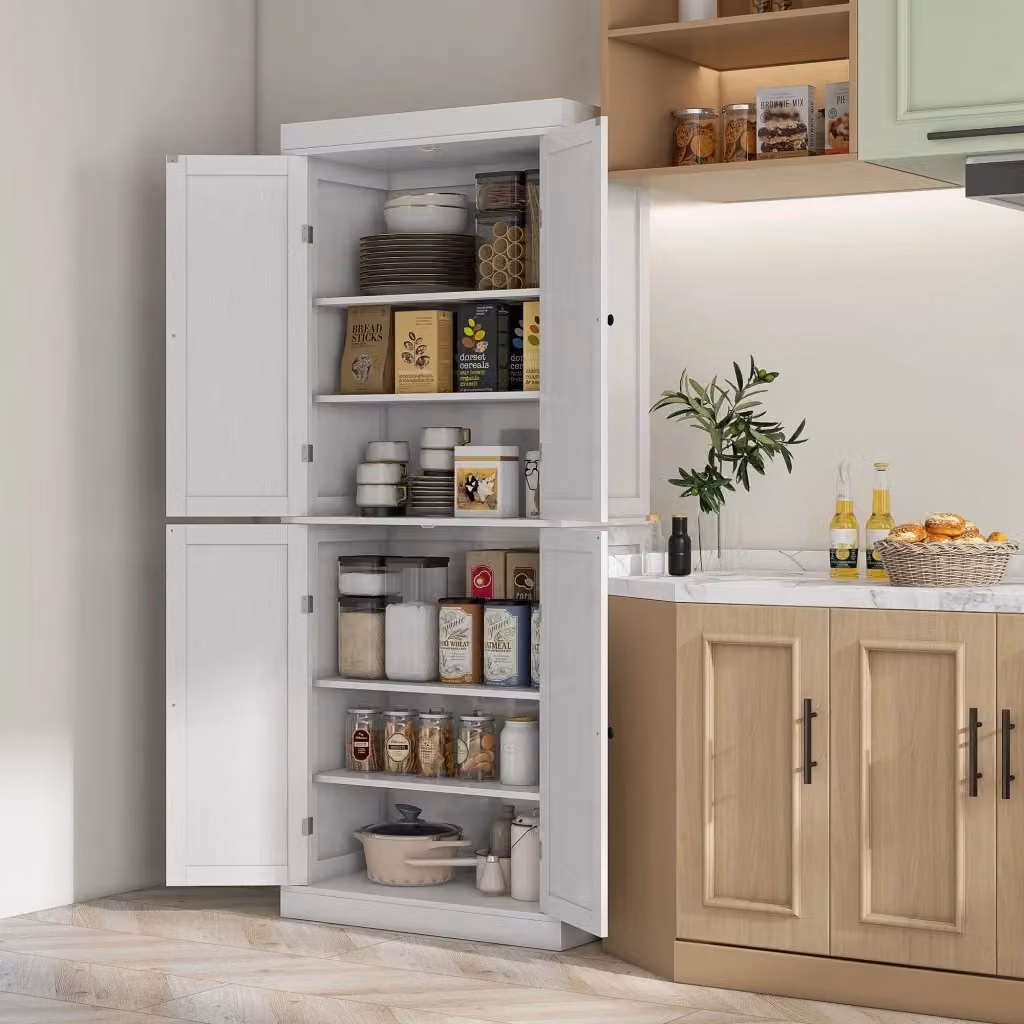 Credenza Mobile Alto da Cucina Giordanoshop in Legno Bianco Opaco con 4 Ante e Ripiani Interni L: 76 cm, P: 40,5 cm, H: 184 cm – 2