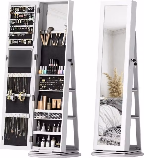 Specchio Portagioie 3 in 1 Giordanoshop Girevole a 360° e Autoportante in MDF Bianco, H 161 cm x L 55 cm x P 55 cm