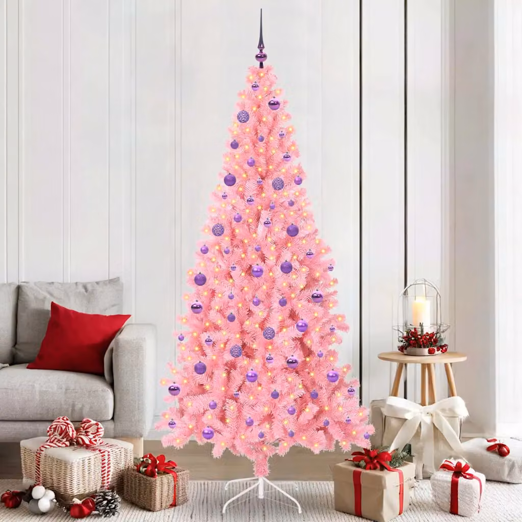 Albero di Natale moderno vidaXL rosa con luci LED bianco caldo in PVC, Altezza: 210 cm