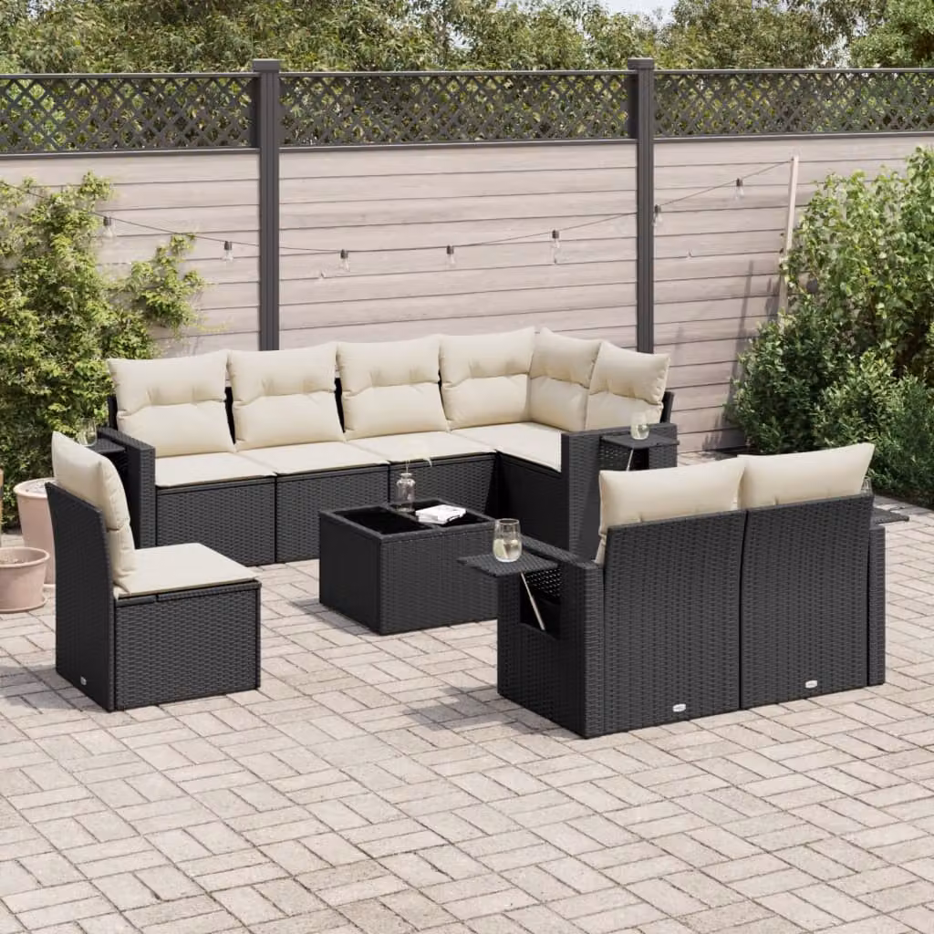 Set di divani da giardino vidaXL in polyrattan nero con cuscini e tavolino da esterno a forma di L – 1
