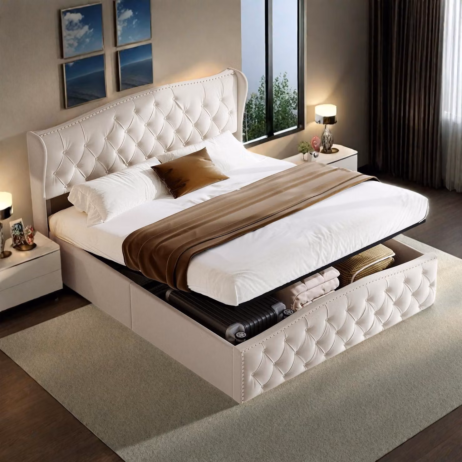 UnboxG Letto imbottito 140x200 cm beige con contenitore, letto matrimoniale idraulico con molle a gas, letto contenitore con rete a doghe – Letto da camera moderno