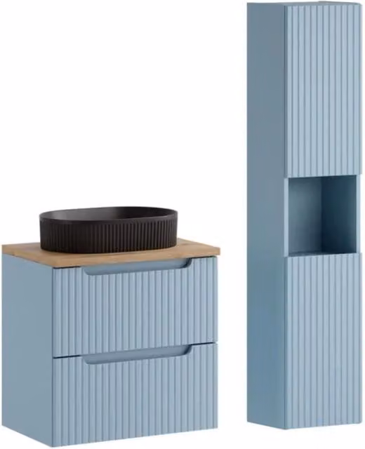 Insieme VANO denim blu e quercia chiara 90cm: mobile sottolavabo con cassetti + piano per lavabo + lavabo da appoggio nero + colonna