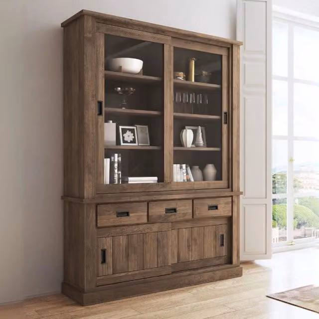 Vetrina Anthony III Effezeta Italia con 2 ante in vetro e 3 cassetti, colore noce eastwood, L: 150 cm, P: 39,6 cm, H: 203,4 cm