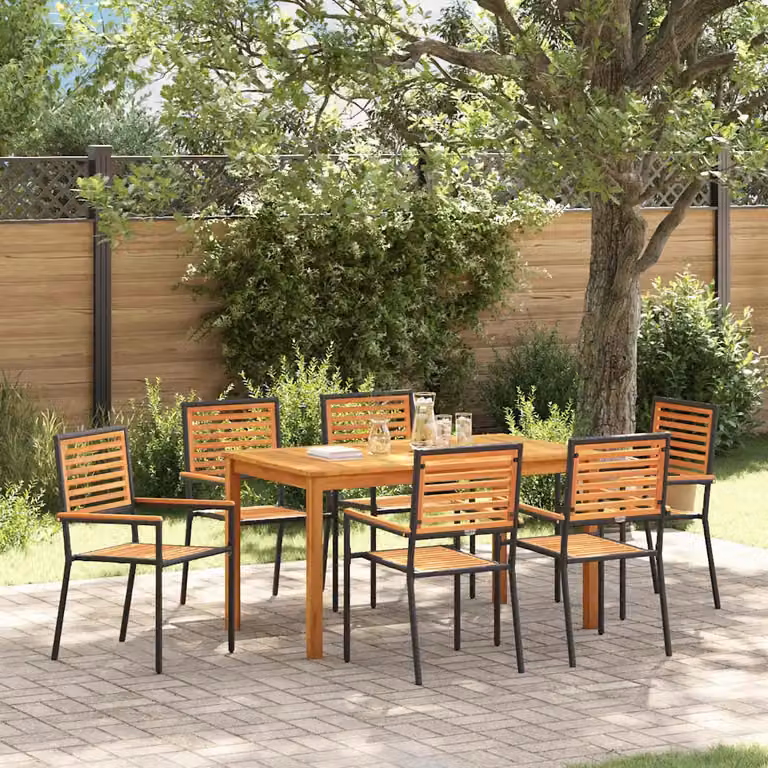 Set da pranzo per giardino e terrazza vidaXL in legno di acacia massello 7 pezzi Nero e Marrone