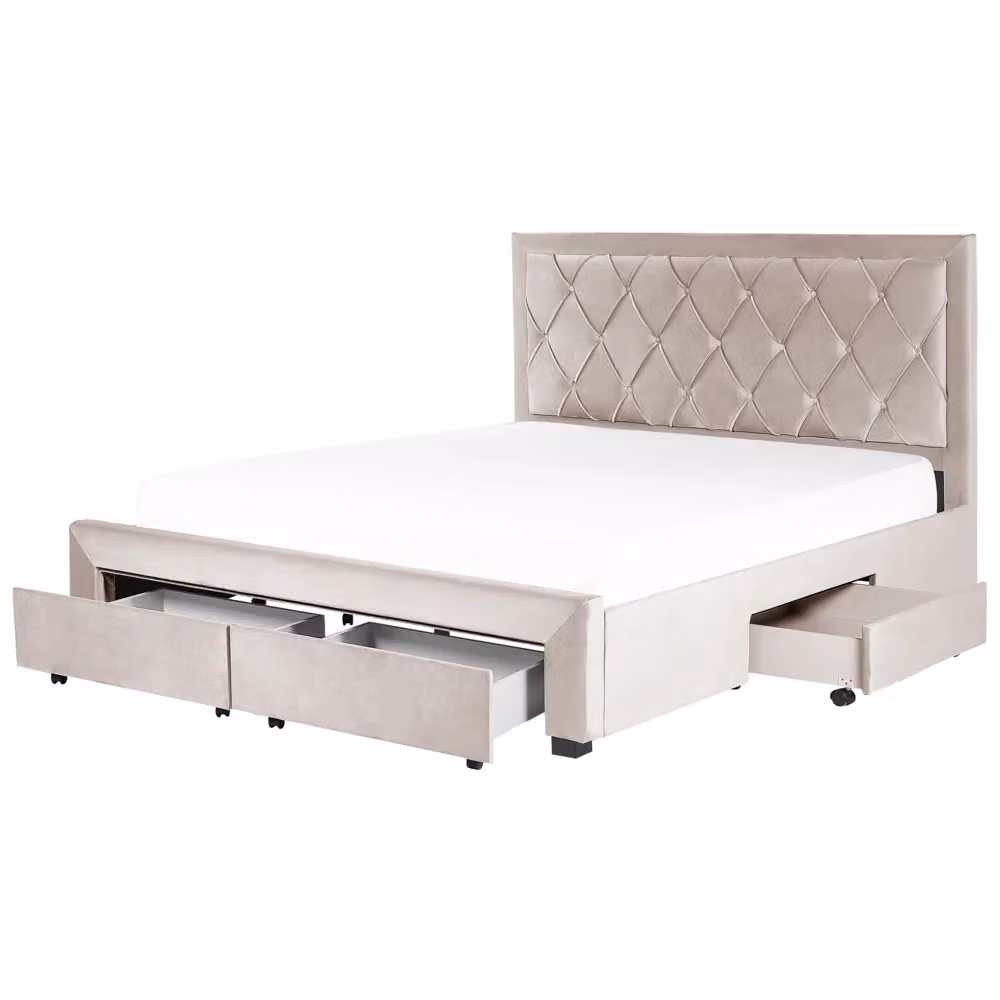Letto contenitore Glam Design in velluto beige con cassetti e testiera alta trapuntata L/P/H: 180 x 200 cm – 2