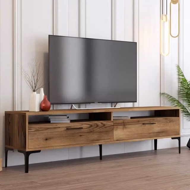 Mobile porta TV Cantoira DMORA in legno rovere marrone con 2 ripiani, L 180 cm x P 47 cm x H 35 cm