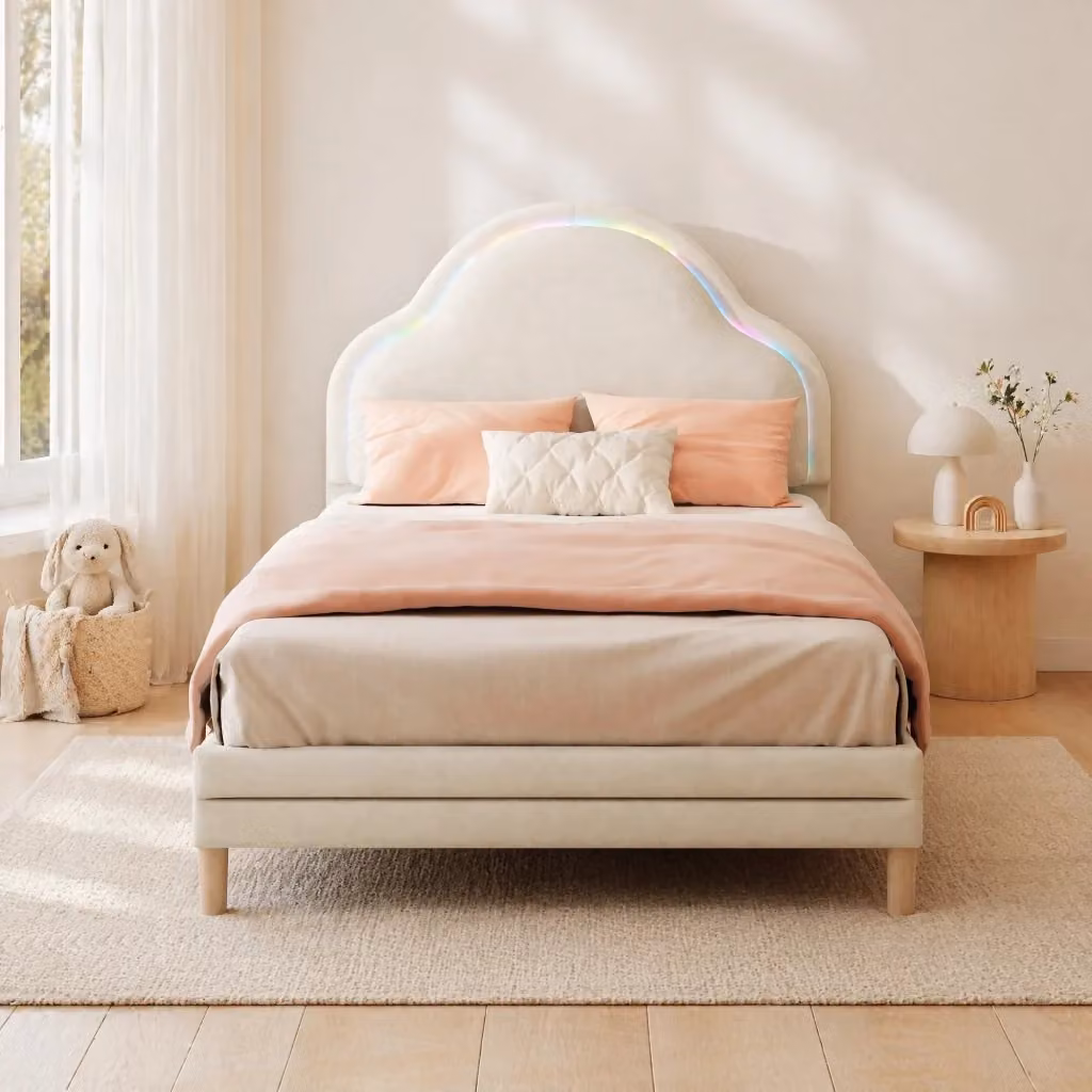 Letto singolo REDOM in velluto beige con testiera a forma di nuvola e illuminazione LED multicolore L/P/H: 207 x 90 x 108 cm – 2
