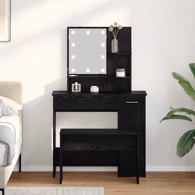 Set da Trucco con LED vidaXL Hollywood, Rovere e Nero, L 86,5 x P 35 x H 136 cm