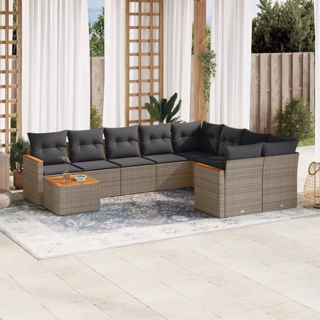 Set Divano da Giardino vidaXL 10 pz in Polyrattan Grigio con Cuscini e Tavolino da Caffè – 1