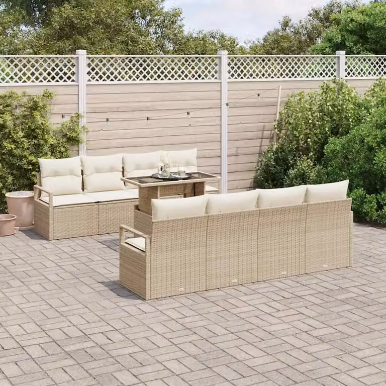 vidaXL Set Divano da Giardino 9 Pezzi Moderno in Polyrattan Beige con Cuscini e Tavolino