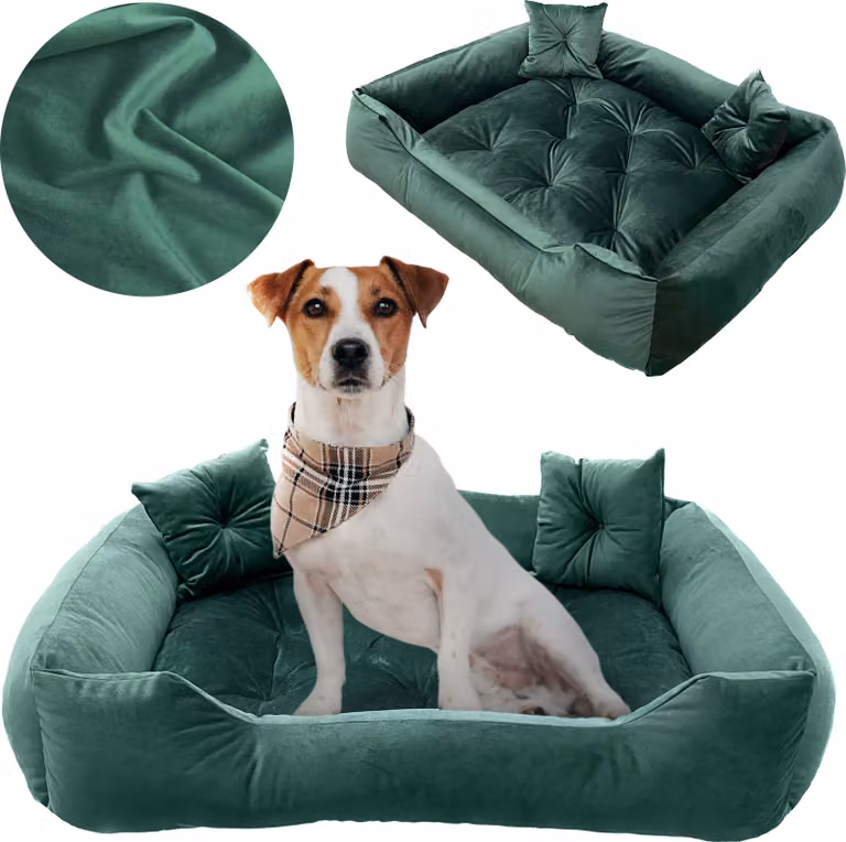 Cuccia per cani, lettino 90x75 cm, cuscini trapuntati, divano, lettino, recinto, velluto verde