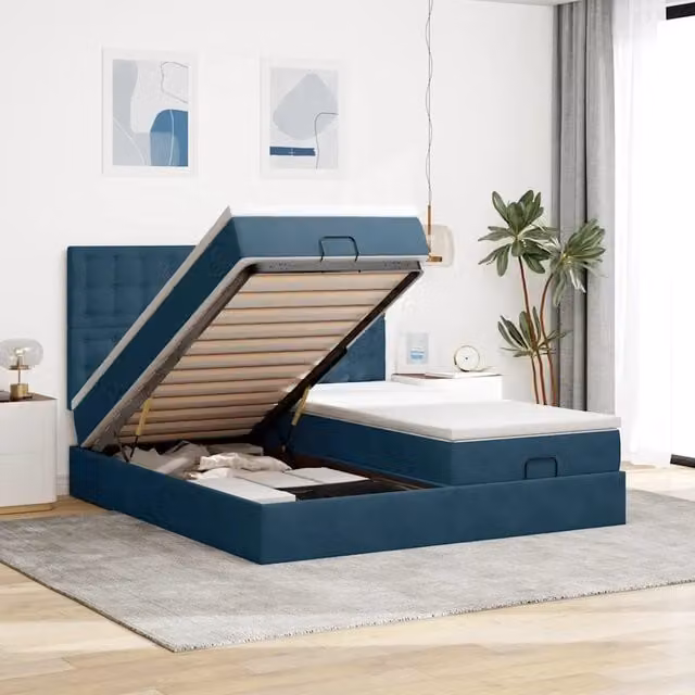 Letto con contenitore a sollevamento vidaXL in velluto blu e bianco L: 200 cm, P: 200 cm, H: 128 cm
