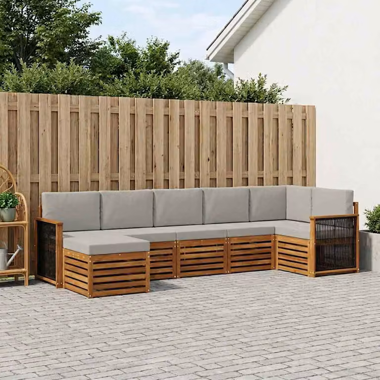 Set di divani da esterno vidaXL 6 pz in legno di acacia con cuscini, modello a L, marrone e grigio