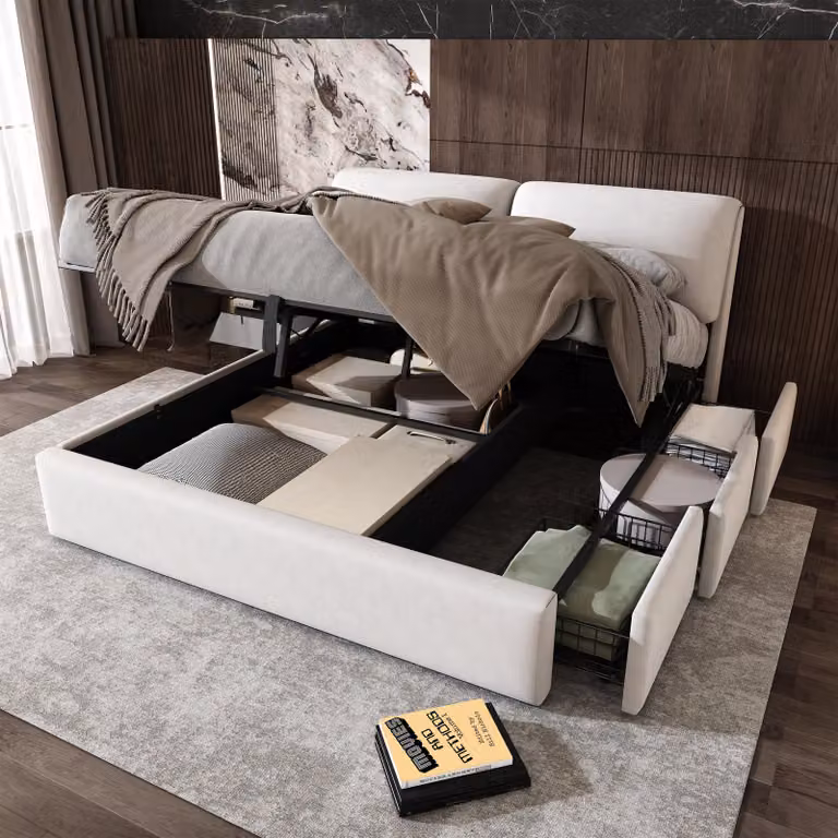 Letto imbottito 180x200 cm con contenitore a sollevamento idraulico, 3 cassetti, poggiatesta regolabile in altezza e rete a doghe, rivestito in velluto color beige