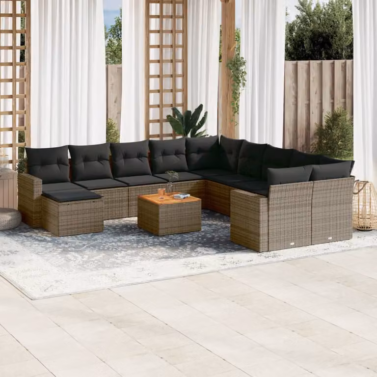 vidaXL Set Divani da Giardino 12 pz a forma di U in Polyrattan Grigio con Cuscini e Tavolino da Esterno