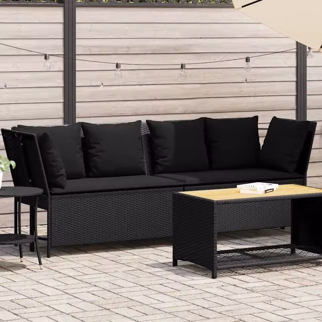Divano da giardino moderno vidaXL in polyrattan nero con cuscini imbottiti e coperture rimovibili