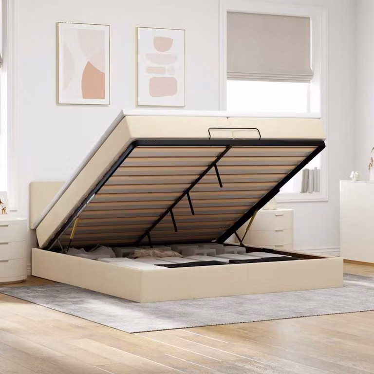 Letto con contenitore a sollevamento vidaXL in tessuto beige e bianco con illuminazione sottostante e porte USB, L 200 x P 200 x H 280 cm