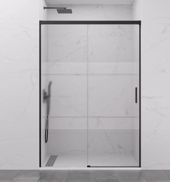 Box doccia frontale BASIC 1 fisso + 1 scorrevole 135-140 cm (56-61) nero opaco vetro frost