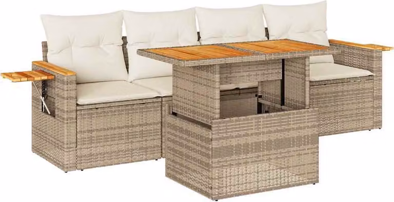 Set Divano da Giardino 5 pz con Cuscini Beige Polyrattan Acacia