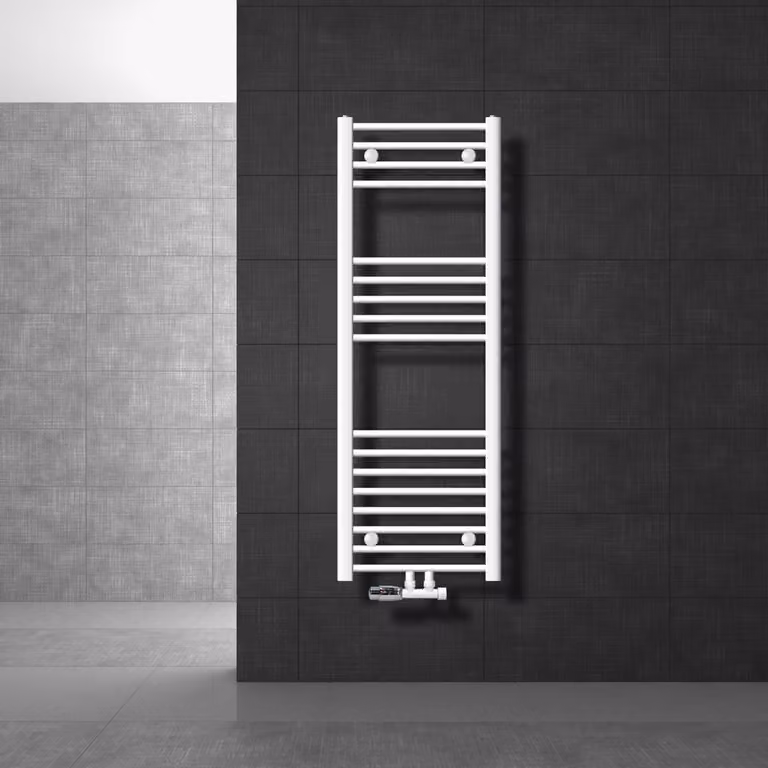 LuxeBath radiatore da bagno attacco centrale 400 x 1200 mm bianco diritto con termostato e set di collegamento angolo muro bianco - Radiatore, senza elemento riscaldante