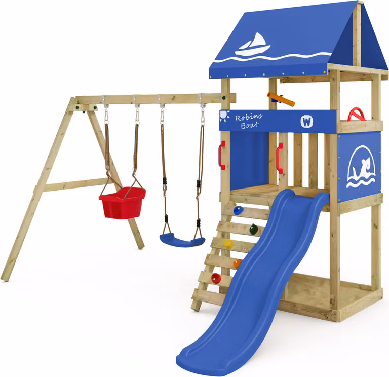 Torre giochi Wickey DinkyHouse con scivolo e altalena doppia, colore blu