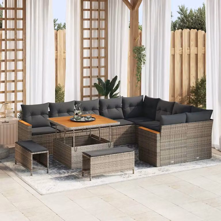 vidaXL Set Divano da Giardino Moderno a L con 12 Pezzi, Grigio, con Cuscini e Tavolino da Esterno