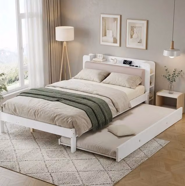 Letto in legno bianco 120x200 cm con letto estraibile 90x190 cm, testiera imbottita con mensola e stazione di ricarica integrata