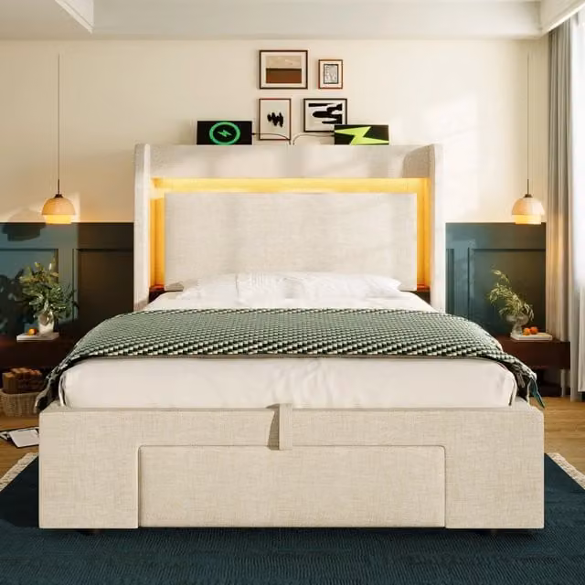 Letto Imbottito 90x200 cm in Lino Beige con Contenitore Idraulico; Testiera Portaoggetti; LED e Prese USB