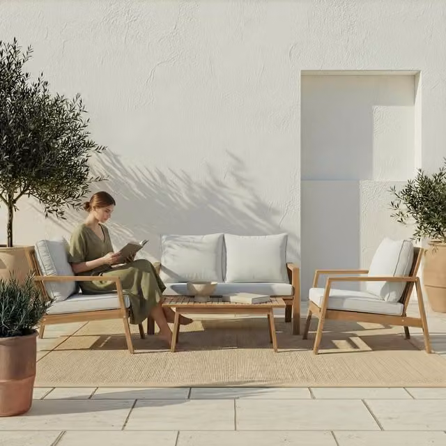 Set da giardino Banak in legno massello di acacia con divano a 2 posti, 2 poltrone e tavolino da caffè con cuscini inclusi