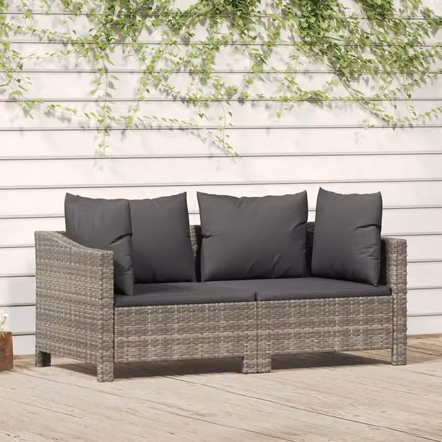 Set da giardino moderno vidaXL composto da divano a 2 posti e cuscini in tessuto grigio con struttura in metallo e rattan