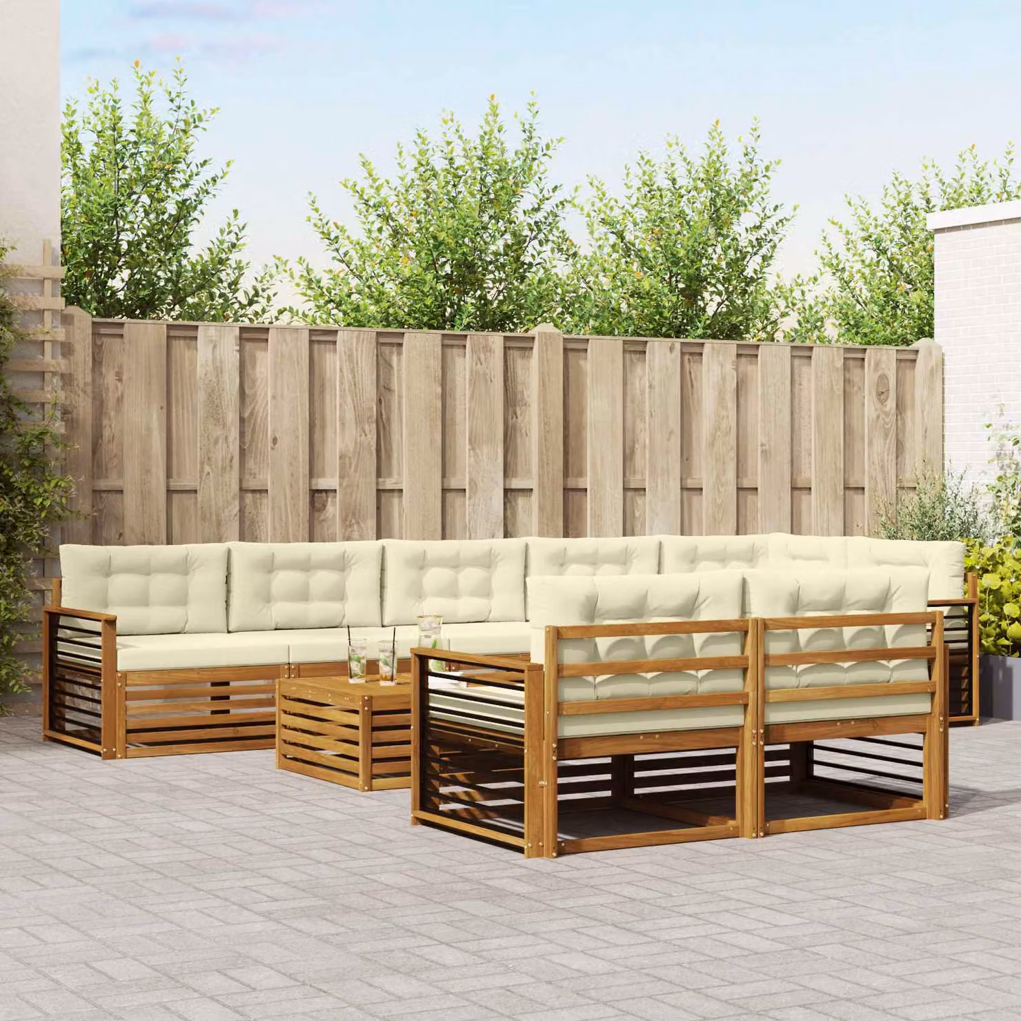vidaXL Set di divani da esterno 9 pz in legno di acacia con cuscini, forma a L, colore beige e marrone