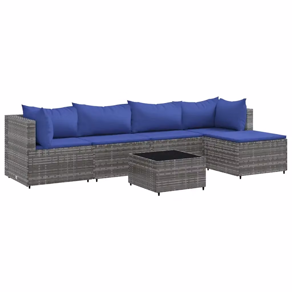 vidaXL Set Divani da Giardino 6 pz a Forma a L con Tavolino e Pouf, Colore Grigio e Blu con Cuscini in Tessuto Resistente ai Raggi UV – 2