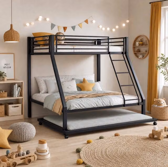Letto a castello in metallo nero 204,5x146x160 cm con letto estraibile, salvaspazio –