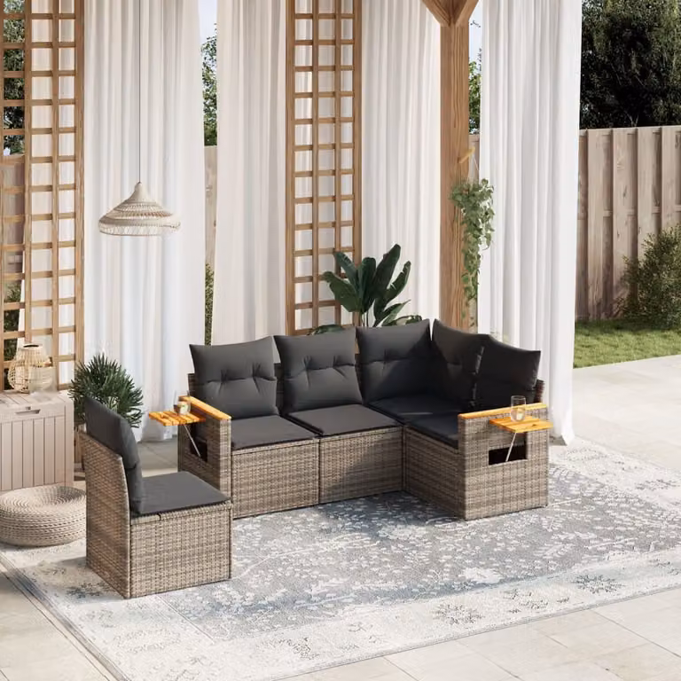 vidaXL Set Divano da Giardino 5 pz a Forma di L con Cuscini Grigio in Polyrattan e Tavolino da Esterno
