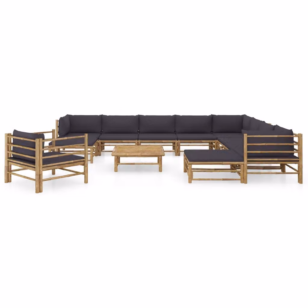 set da salotto da giardino da 12 pezzi con cuscini in bambù grigio scuro