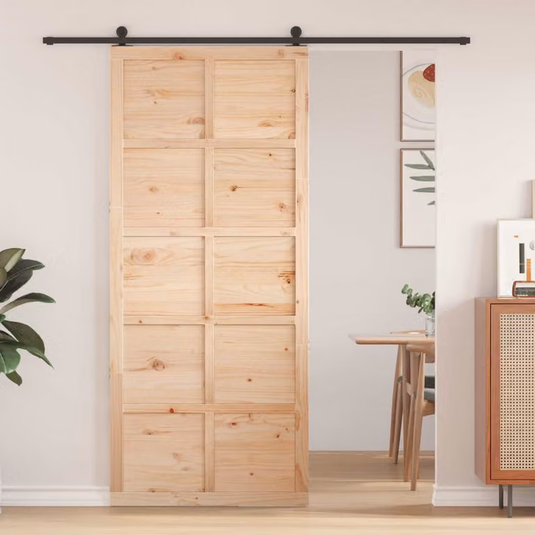 Porta del fienile scorrevole in legno massello di pino rustico vidaXL, colore marrone, L: 90 cm, P: 2,5 cm, H: 208 cm