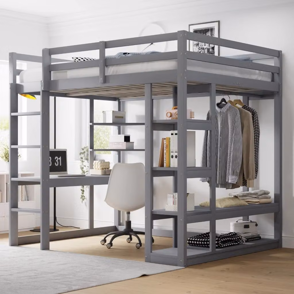 Letto a castello REDOM in legno massello grigio con scrivania, scaffali e vani laterali, L/P/H: 200 x 140 x 165 cm – 2