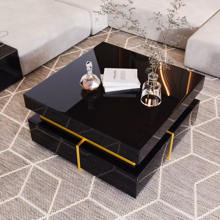tavolino conferenza okwish, quadrato, comodino lucido per la camera da letto, tavolini da caffè con spazio contenitivo per il soggiorno, tavolino con cassetti e dettagli dorati, nero