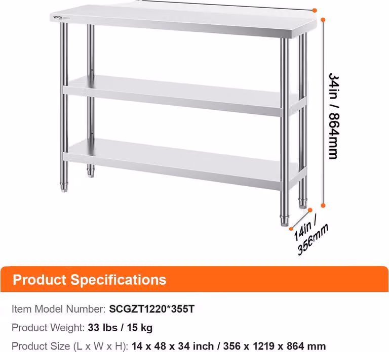 Tavolo per la preparazione di alimenti, acciaio inox, ripiano inferiore regolabile, 14x48 pollici
