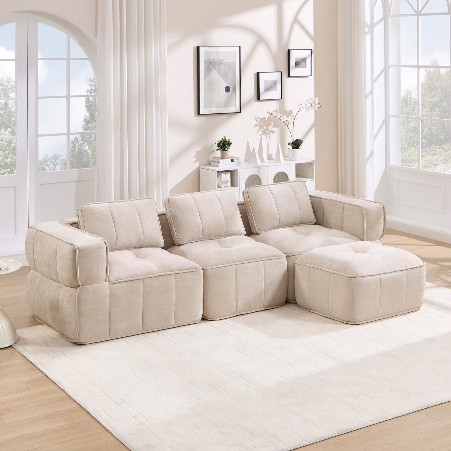 Divano modulare a forma di L, con tre posti, senza braccioli, imbottitura in schiuma 32D, cuscini profondi, poggiapiedi (beige)