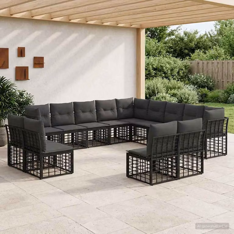 Set di divani da esterno a forma di U vidaXL in polyrattan nero e grigio con cuscini inclusi