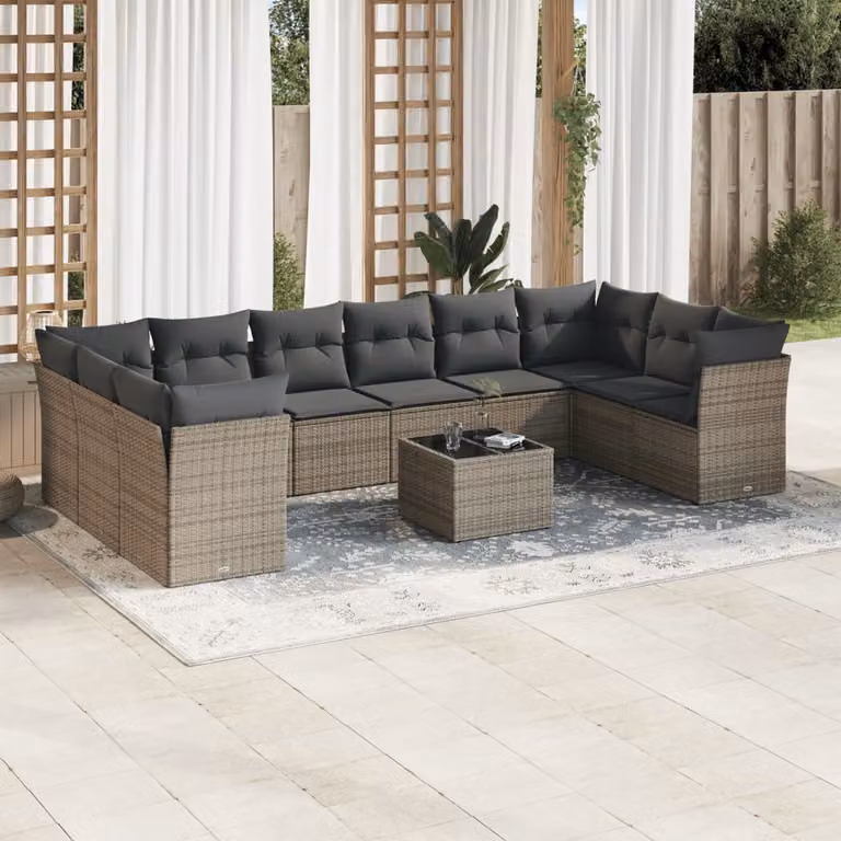 vidaXL Set Divani da Giardino 11 pz in Polyrattan Grigio con Cuscini e Tavolino da Esterno