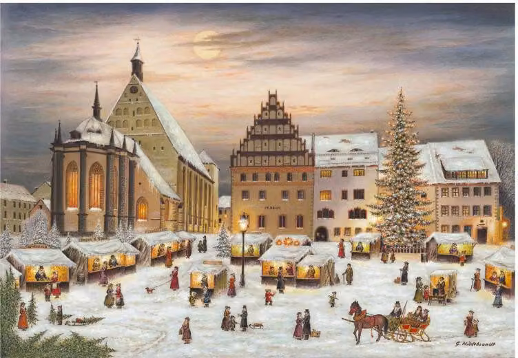 Calendario dell'Avvento di Freiberg con motivi ispirati ai Monti Metalliferi e alla cattedrale