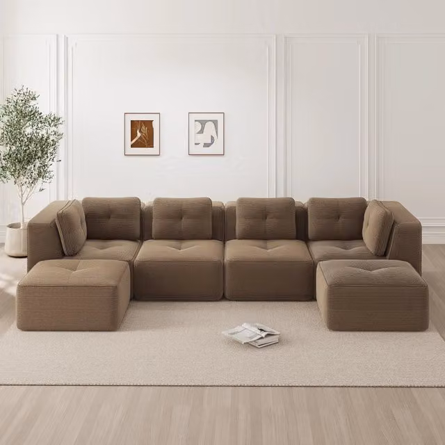 Divano angolare modulare MIVRAY in velluto a coste marrone con funzione letto e design moderno