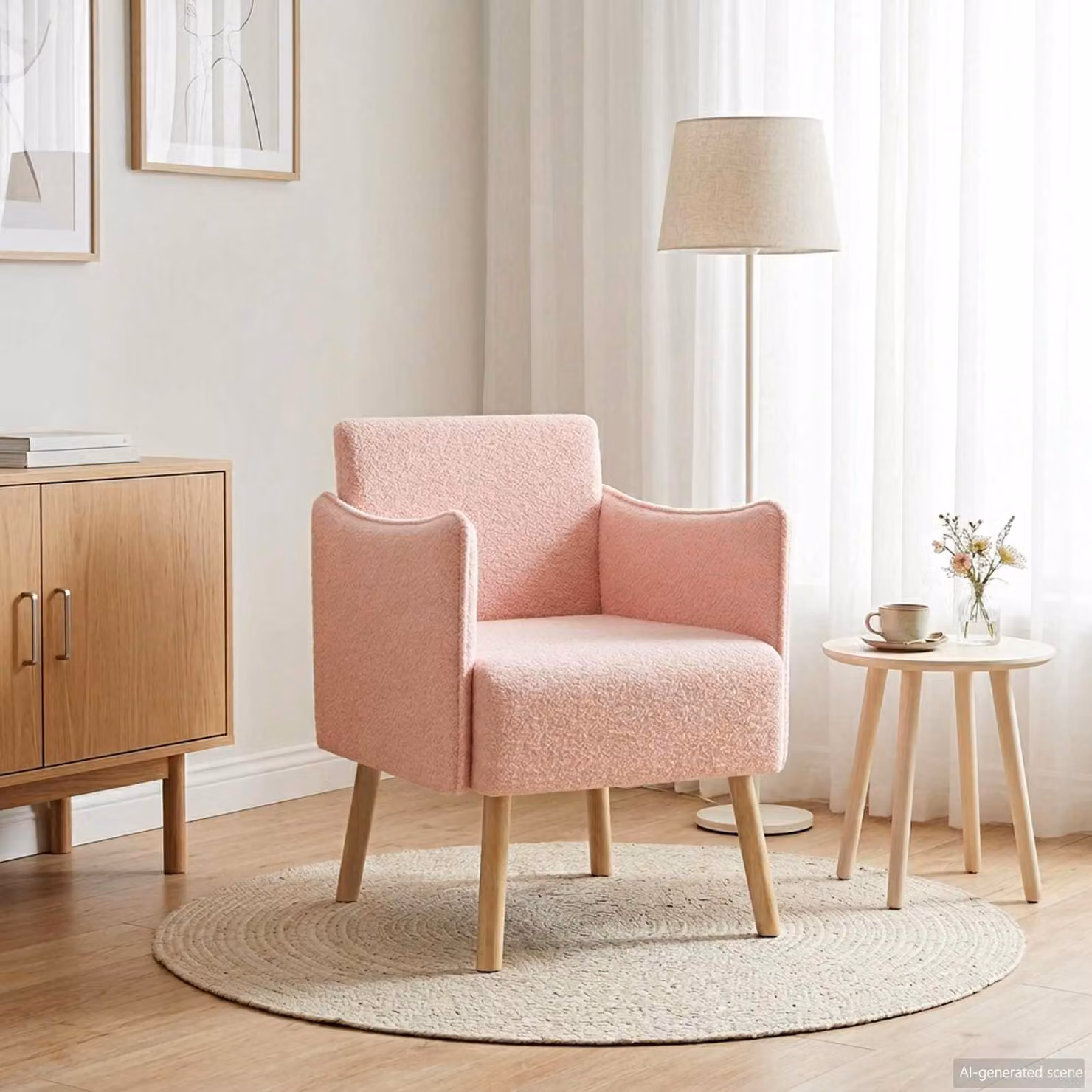 Sedia d'accento moderna vidaXL in tessuto bouclé rosa con braccioli e struttura in legno