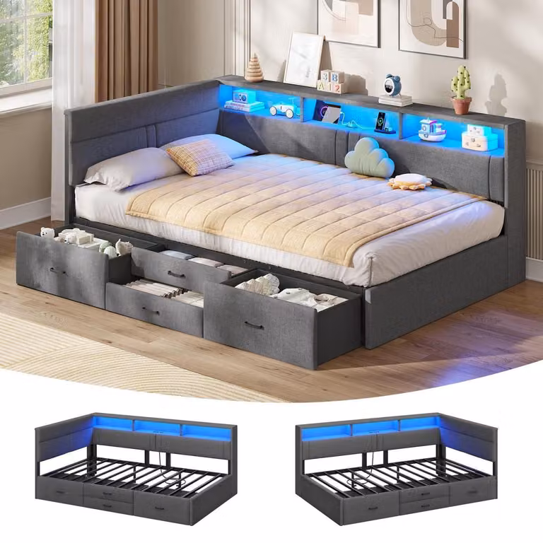 Letto imbottito con LED e stazione di ricarica, dimensioni 90x200, rivestito in lino color grigio scuro, con 4 cassetti