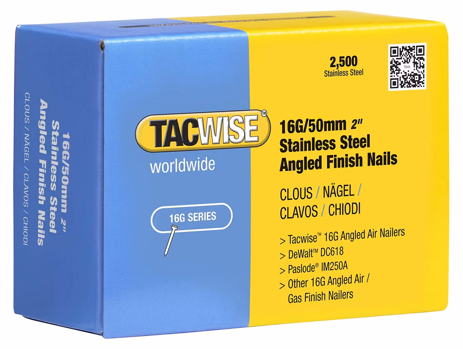 Tacwise 1225, chiodi a testa piatta in acciaio inossidabile, tipo 16G / 50 mm, angolo di 20°, confezione da 2500 pezzi