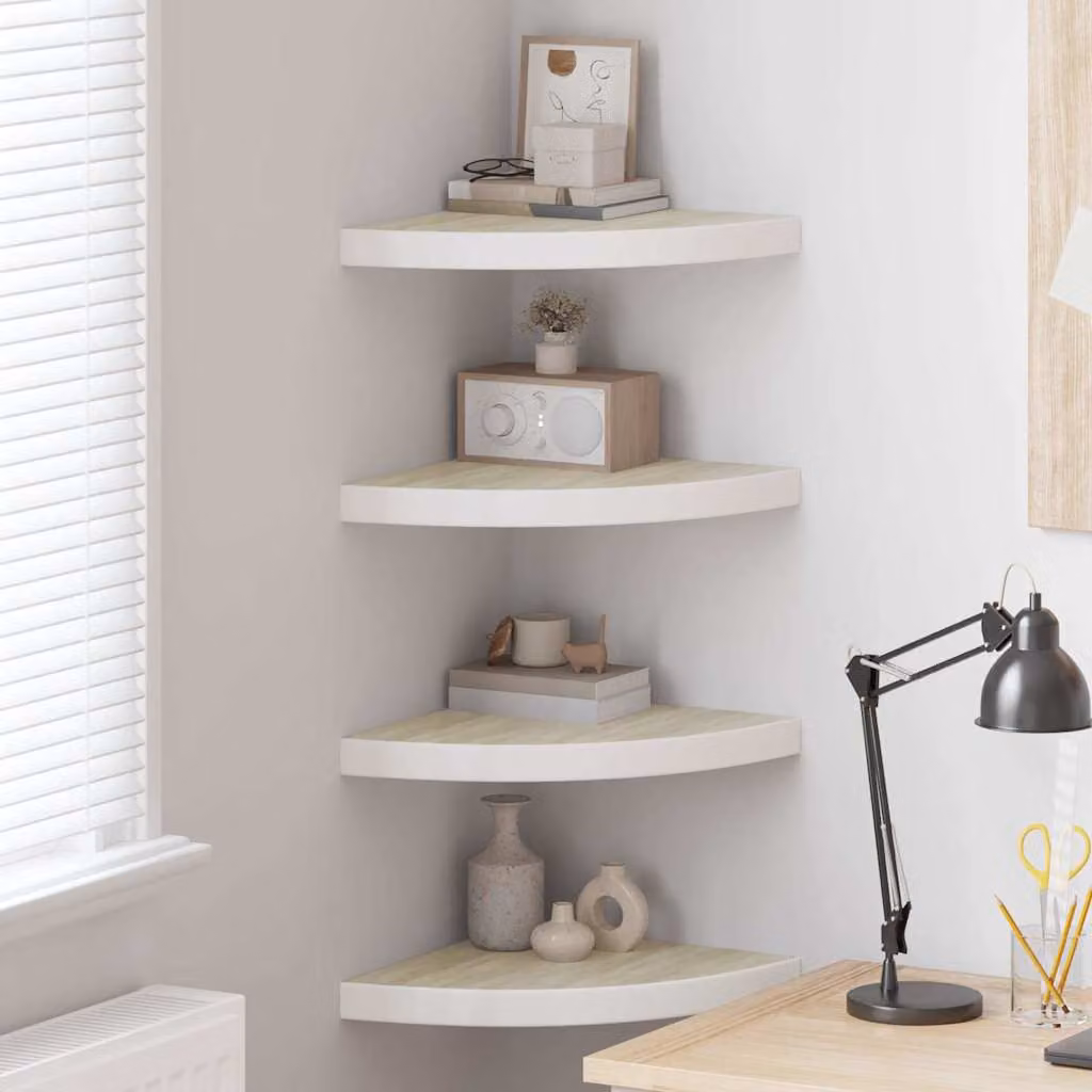 Set di 4 mensole angolari da parete vidaXL in MDF, colore rovere e bianco, L/P/H: 35 x 35 x 3,8 cm