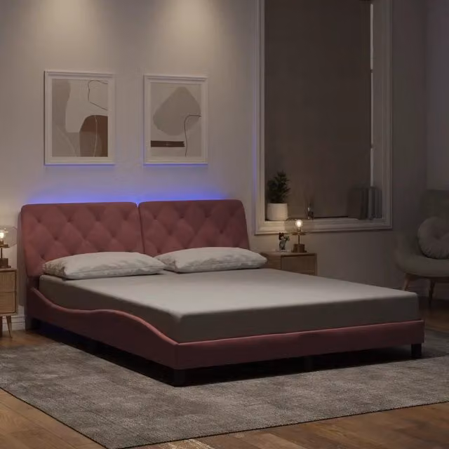 Giroletto con LED senza Materasso-Struttura Letto Rosa 160x200 cm in Velluto