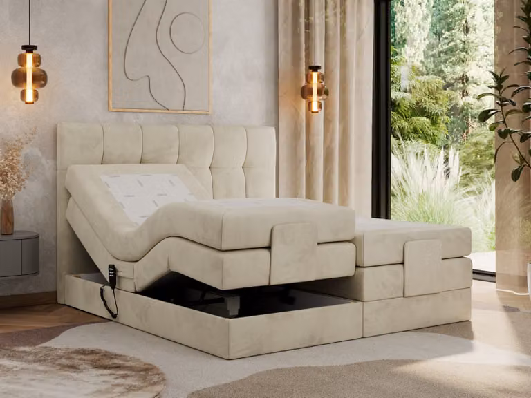 Letto a molle insacchettate MKS MEBLE 180 x 200 cm regolabile elettricamente Materasso a molle insacchettate a 7 zone con topper Letto 180 x 200 cm con motore Letto imbottito Letto motorizzato - Vittoria - Beige Velvet - H3